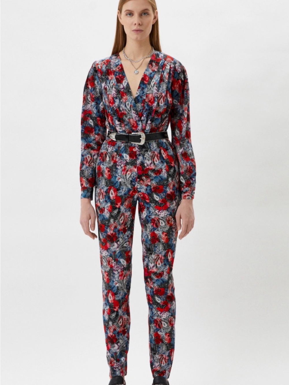 The Kooples Red and Blue Floral Wrap Jumpsuit size 1 - Picture 3 of 11